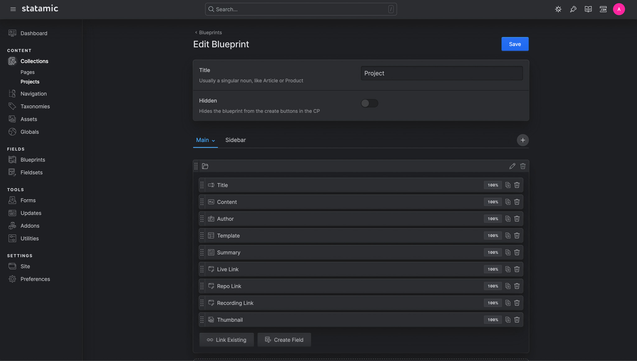 Screenshot of all the fields