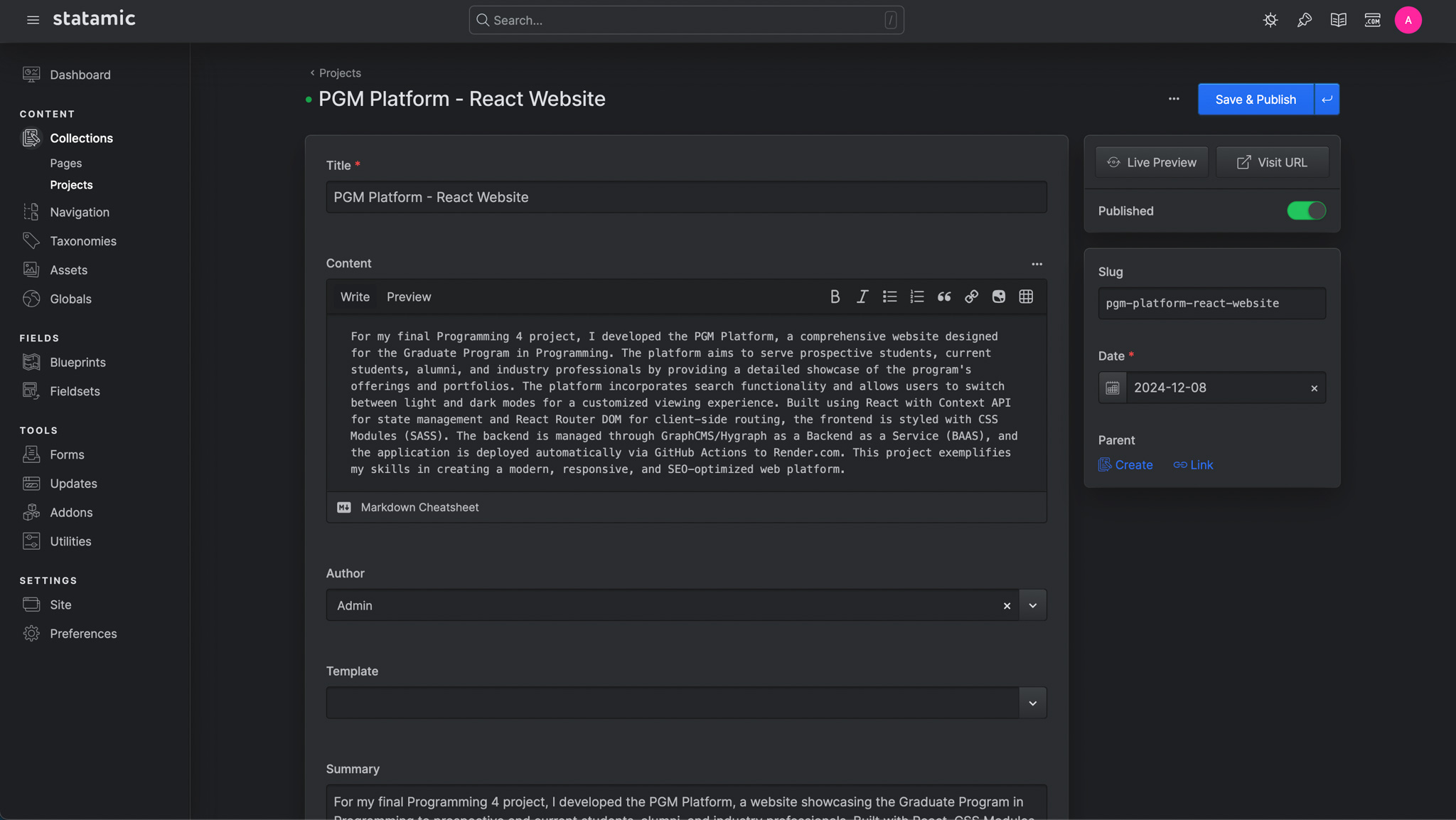 Screenshot of data for the first project part 1