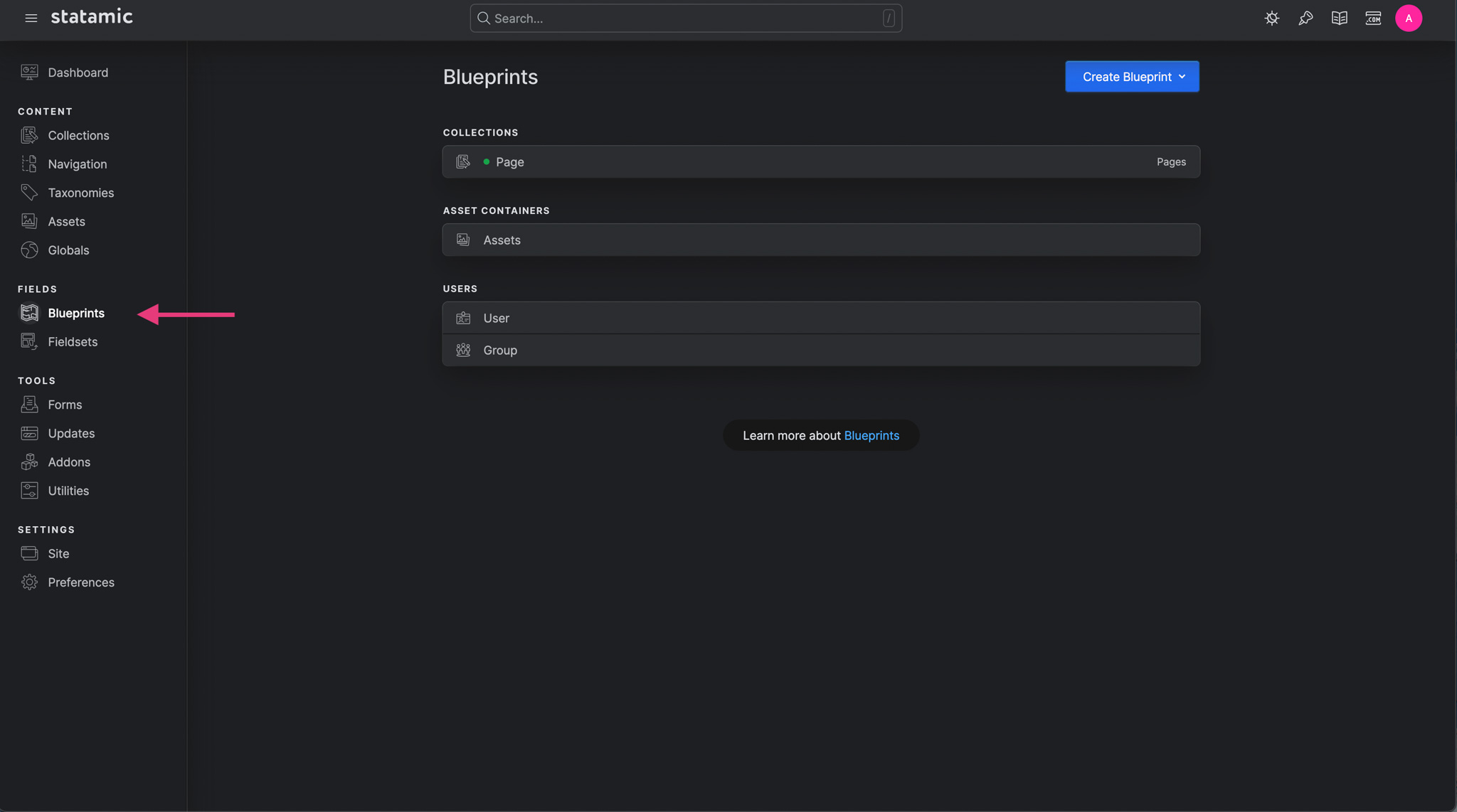 Screenshot of where to find the blueprint