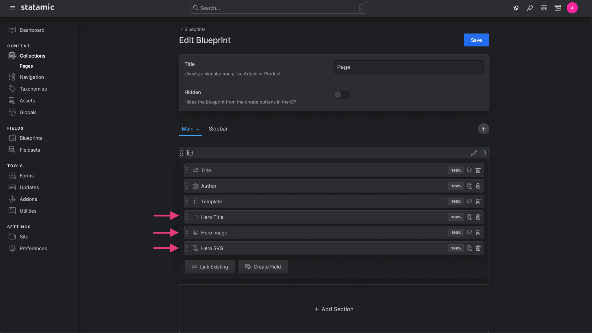 Screenshot of the page collection blueprint